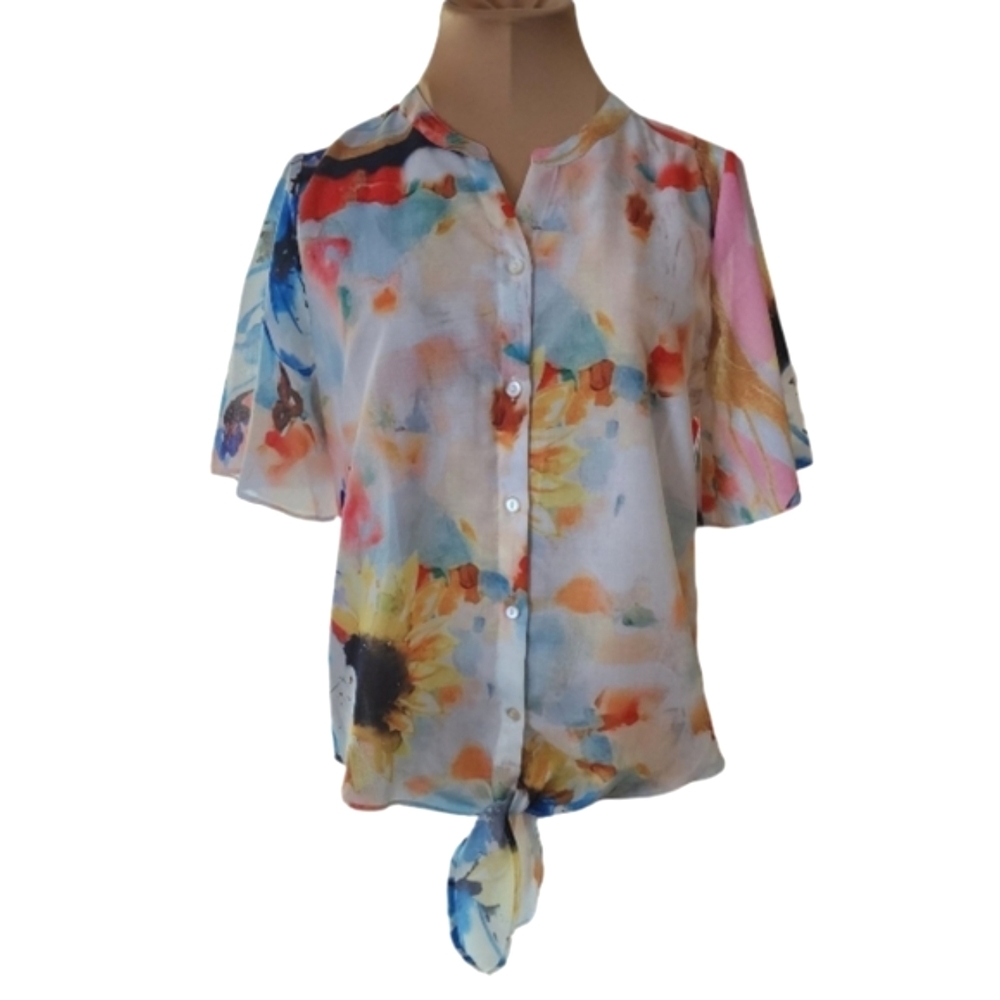 Chico's Tropical Floral‎ Tie Dye Button-up Knot Blouse Women's Small